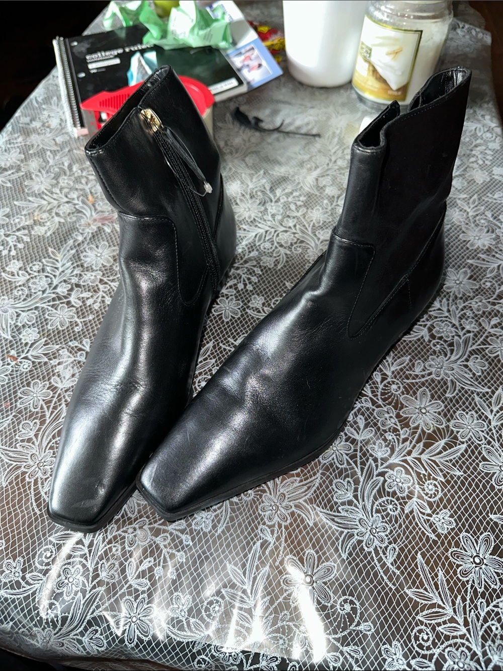 SCHUTZ Black Leather Square-Toe Ankle Boots with Tassel Zip